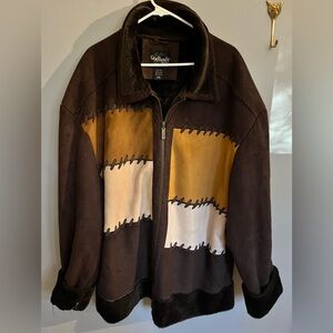 Godbody Men 2XL Faux Suede Western Patchwork Fur Trim Jacket Coat Vintage Heavy